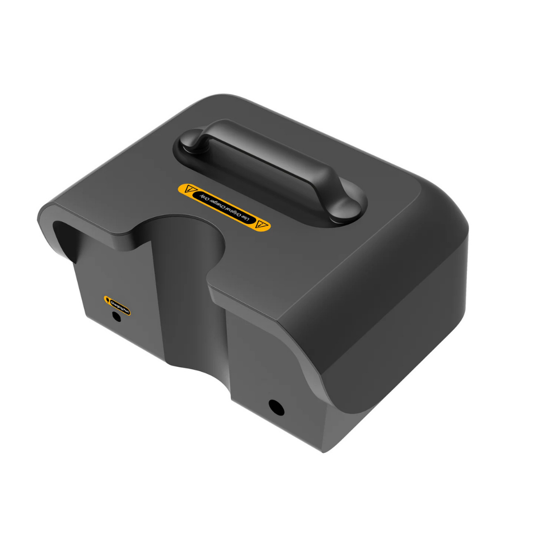 The Paiseec Mobility Scooter S1 Battery is a black, rectangular unit with a top handle, curved side cutout, yellow caution label, and front and side ports, shown on a white background.
